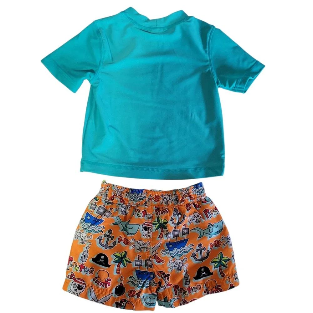 Kiko & Max Boys 3-6 months‎ Swim Trunks Rash Guard Shirt Set Outfit Pirate Shark